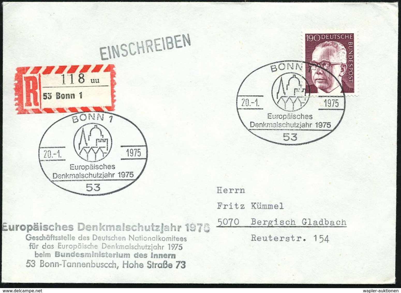 53 BONN 1/ Europ./ Denkmalschutzjahr 1975 (20.1.) SSt = Denkmalschutz-Logo + Abs.-5L: Europ. Denkmalschutzjahr 1975, Ges - Autres & Non Classés