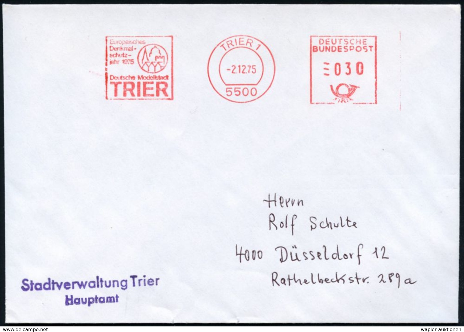 5500 TRIER 1/ Europ./ Denkmal-/ Schutz-/ Jahr 1975/ Deutsche Modellstadt.. 1975 (2.12.) AFS = Denkmalschutz-Logo , Kommu - Autres & Non Classés