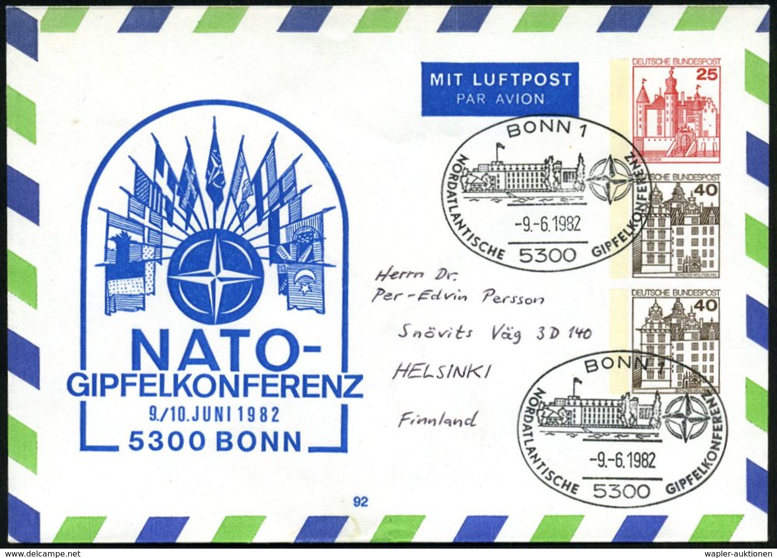 5300 BONN 1/ NORDATLANT.GIPFELKONFERENZ 1982 (9.6.) SSt = NATO-Logo (Bundeshaus) Auf PU 25 + 40 + 40 Pf.: NATO-Konferenz - Autres & Non Classés