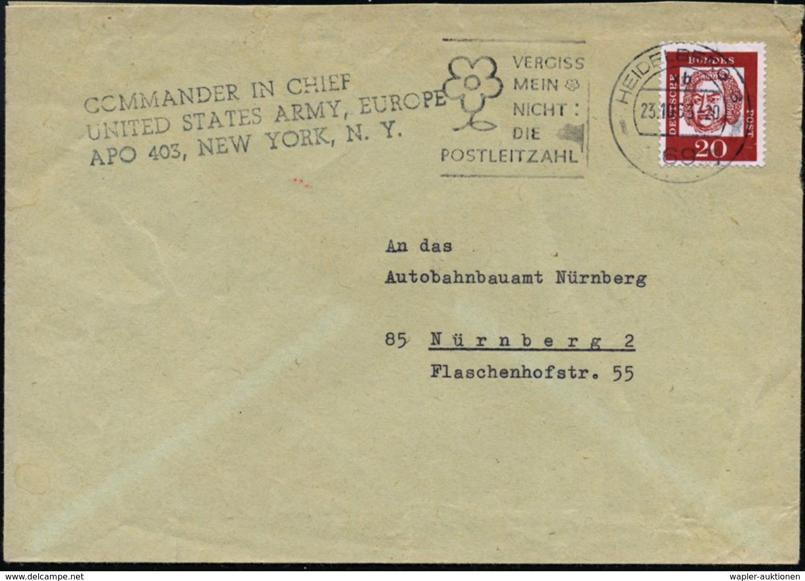 69 Heidelberg 3 1963 (23.10.) EF 20 Pf. Bach + Schw. 3L: COMMANDER IN CHIEF/UNITED STATES ARMY, EUROPE/APO 403, NEW YORK - Autres & Non Classés