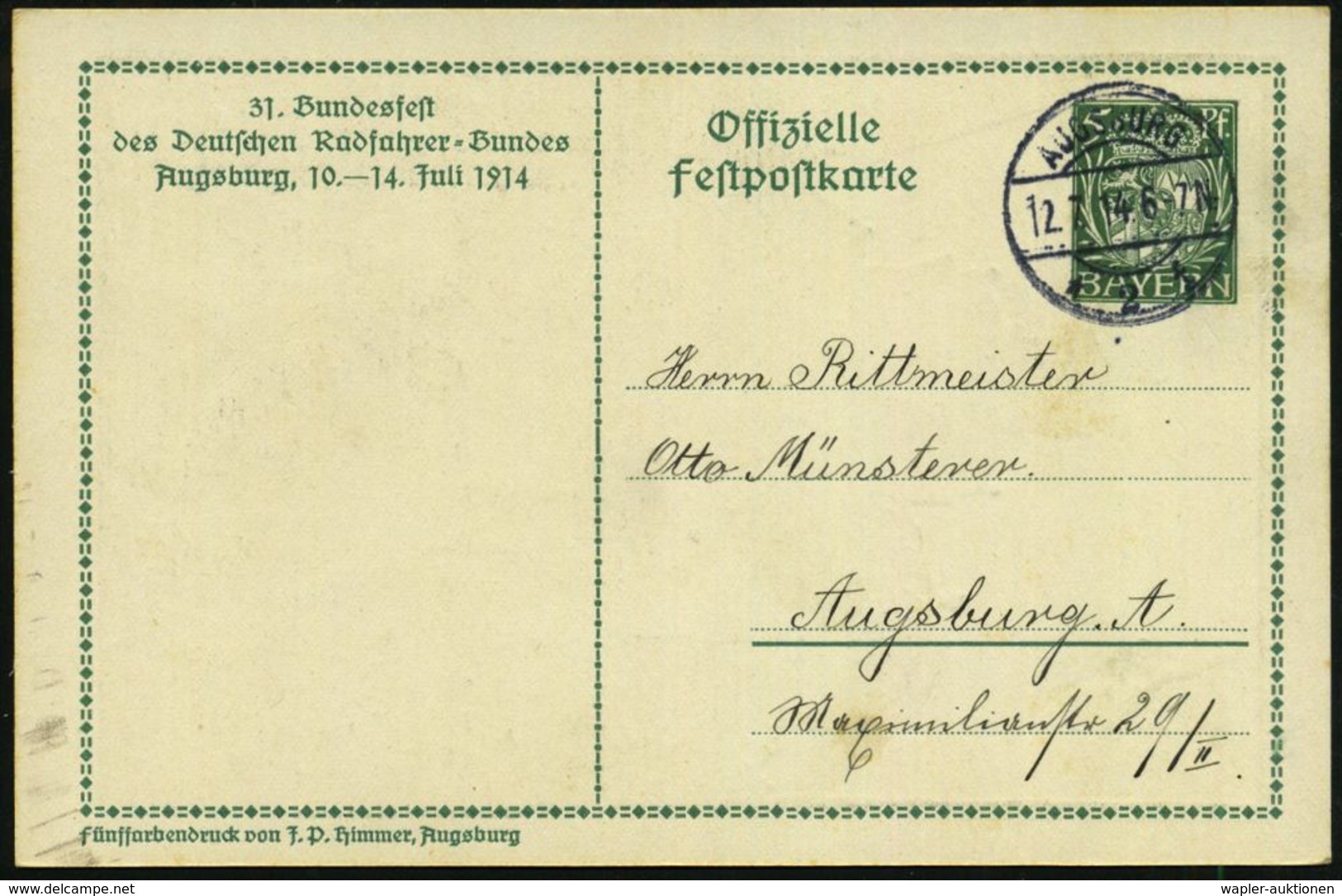 AUGSBURG/ *2f 1914 (12.7.) 1K-Brücke Auf PP 5 Pf. Hupp-Wappen, Grün: 31. Bundesfest Des Deutschen Radfaher-Bundes.. (Rot - Autres (Terre)