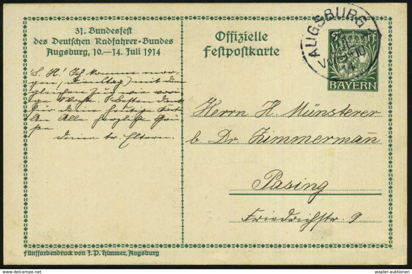 AUGSBURG 1 1914 (20.7.) 1K Auf PP 5 Pf. Hupp-Wappen Grün: 31. Bundesfest Der Deutschen Radfahrer-Bundes..1914 (= Wertach - Autres (Terre)