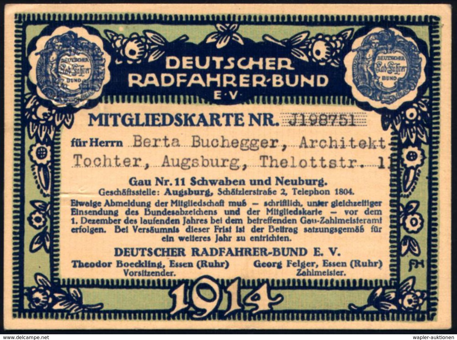Augsburg 1914 Illustrierte Mitgliedskarte "DEUTSCHER RADFAHRERBUND E.V," (Kind Mit Fahrrad) Sektion Schwaben/Augsburg (F - Autres (Terre)