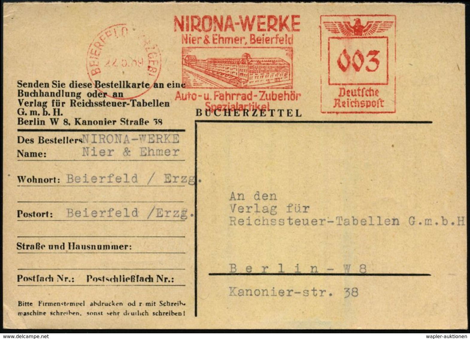 BEIERFELD (ERZGEB)/ NIRONA-WERKE/ Nier & Ehmer../ Auto-u.Fahrrad-Zubehör.. 1939 (22.5.) Dekorativer AFS = Fahrradteile-F - Andere (Aarde)