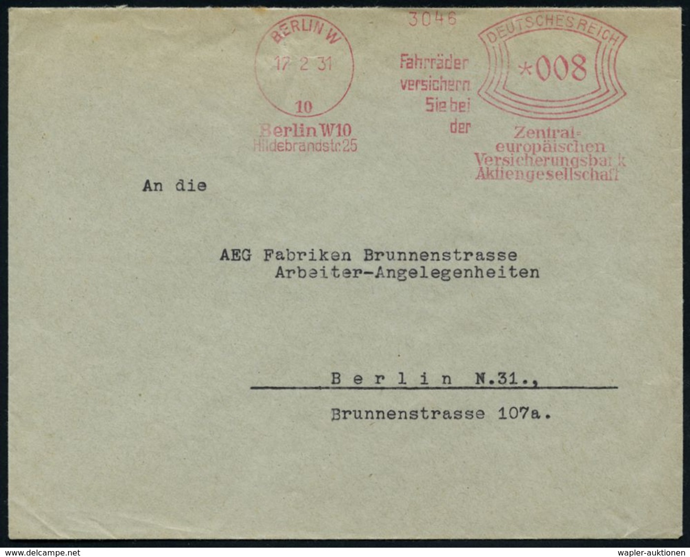 BERLIN W/ 10/ Fahrräder/ Versichern/ Sie Bei/ Der/ Zentral-/ Europäischen/ Versicherungsbank/ AG 1931 (17.2.) Seltener A - Autres (Terre)