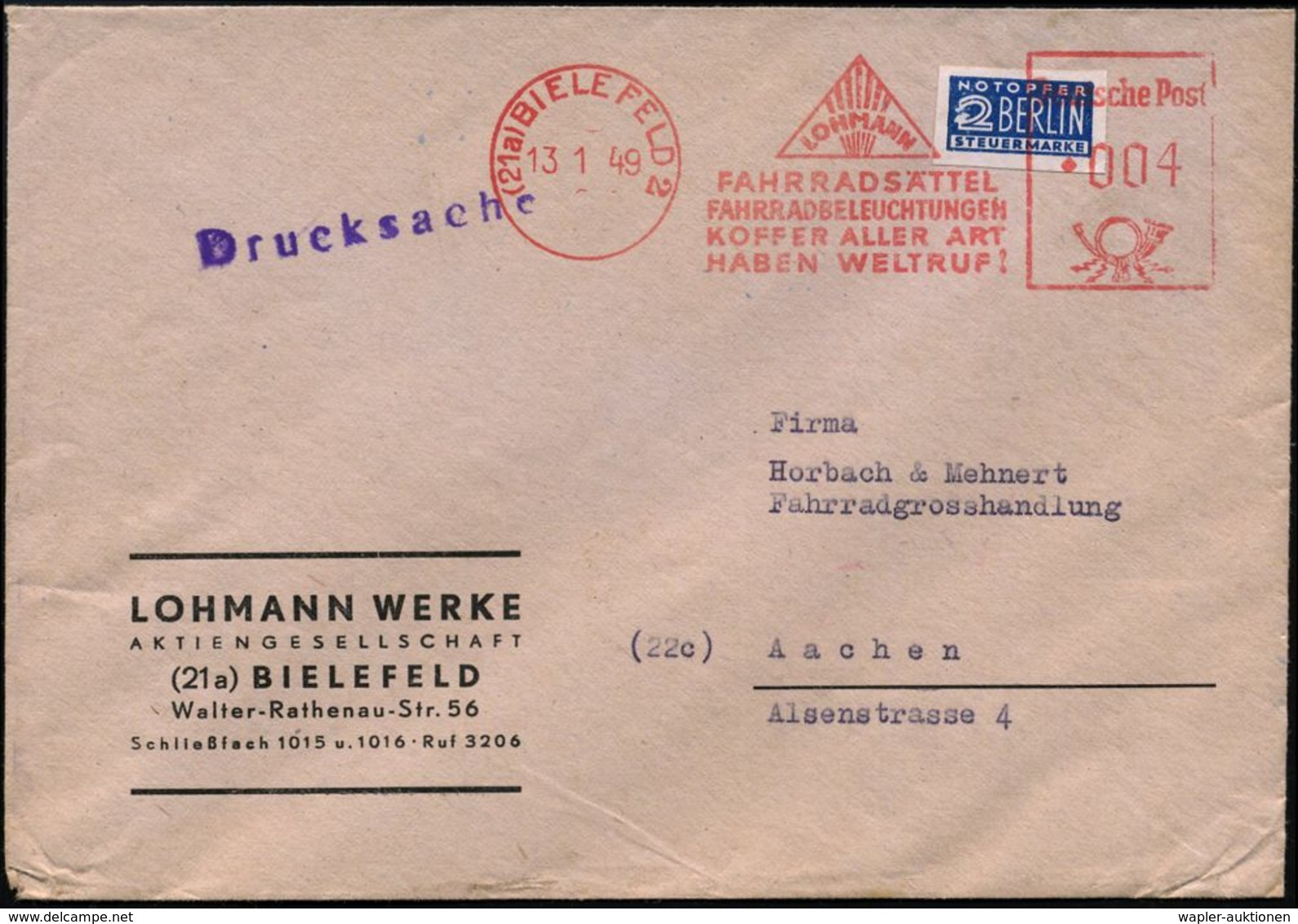 (21a) BIELEFELD 2/ LOHMANN/ FAHRRADSÄTTEL/ FAHRRADBELEUCHTUNGEN/ KOFFER.. 1949 (13.1.) AFS = Lichtstrahlen-Logo Auf 2 Pf - Autres (Terre)