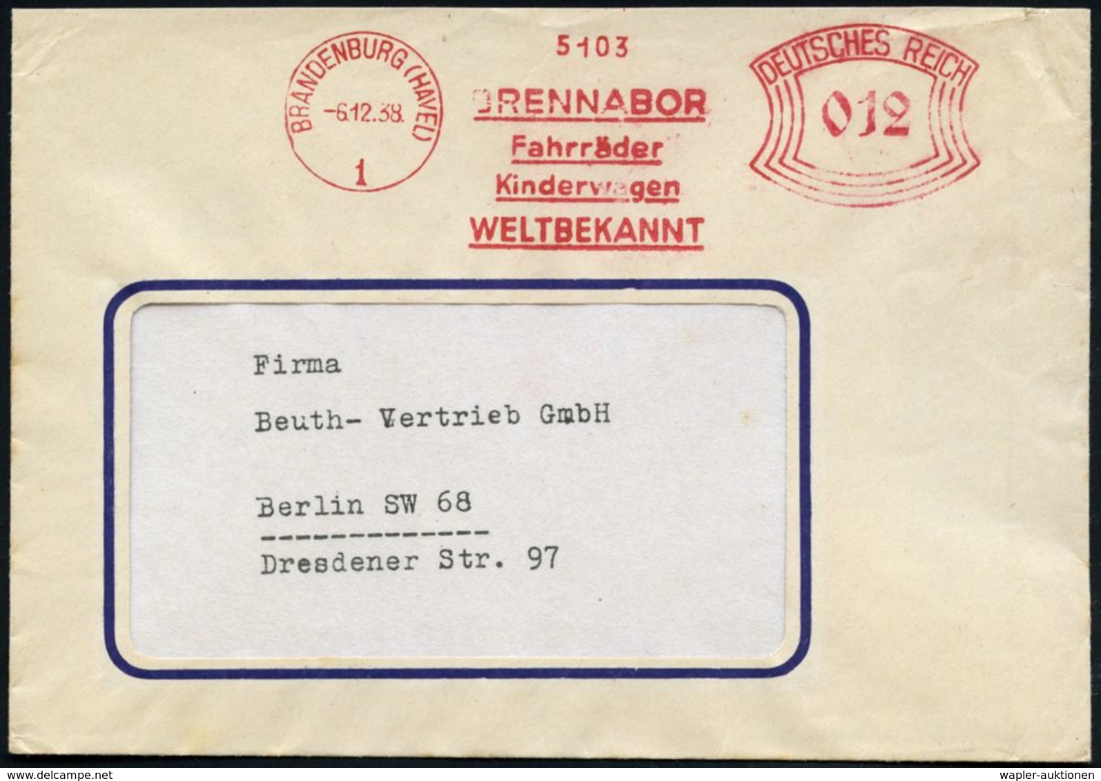 BRANDENBURG (HAVEL)/ 1/ BRENNABOR/ Fahrräder/ Kinderwagen.. 1938 (6.12.) AFS , Rs. Abs.-Vordruck: BRENNABOR-WERKE AG (In - Autres (Terre)