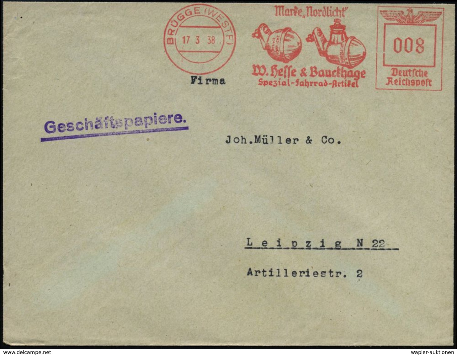 BRÜGGE (WESTF)/ Marke "Nordlicht"/ W.Hesse & Bauckhage/ Spezial-Fahrrad-Artikel 1938 (17.3) Dekorat. AFS = 2 Fahrrad-Dyn - Sonstige (Land)