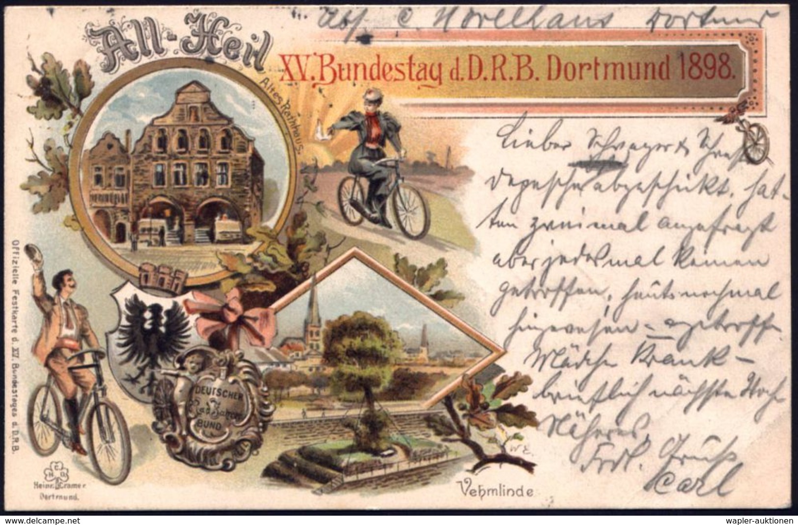 DORTMUND/ *3e 1899 (17.6.) 1K-Gitter Auf Color-Litho-Ak.: "XV. Bundestag Des D.R.B. Dortmund 1898" (2 Radler, 2 Verschie - Autres (Terre)