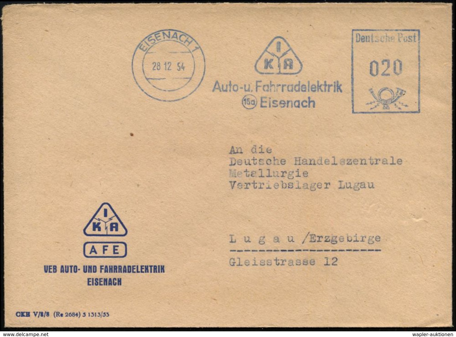 EISENACH 1/ IKA/ Auto-u.Fahrradelektrik/ (15a) Eisenach 1954 (28.12.) Blauer AFS = DDR-Dienstfarbe (Monogr.-Logo) Motivg - Autres (Terre)