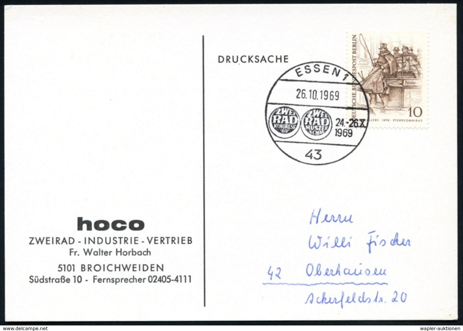 43 ESSEN 1/ ZWEI/ RAD/ KONGRESS/ ZWEI/ RAD/ MUSTER/ SCHAU 1969 (25.10.) SSt (2 Reifen) Messe-Reklamekarte: Hoco ZWEIRAD- - Autres (Terre)