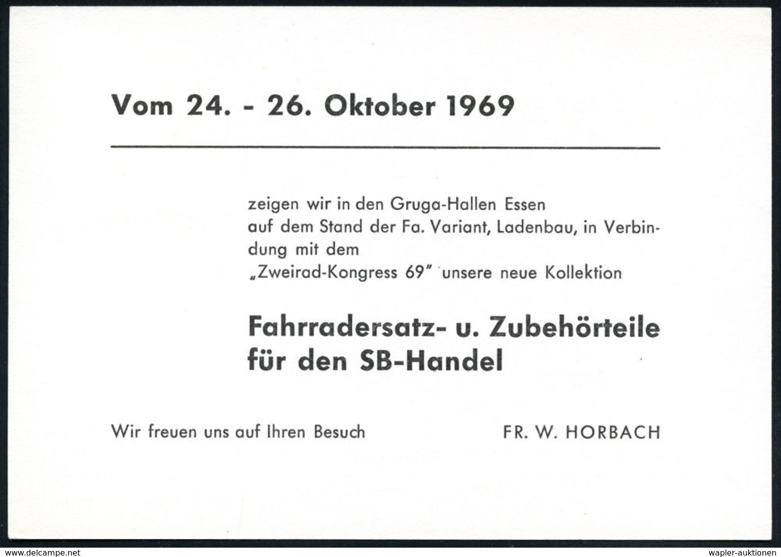 43 ESSEN 1/ ZWEI/ RAD/ KONGRESS/ ZWEI/ RAD/ MUSTER/ SCHAU 1969 (25.10.) SSt (2 Reifen) Messe-Reklamekarte: Hoco ZWEIRAD- - Autres (Terre)