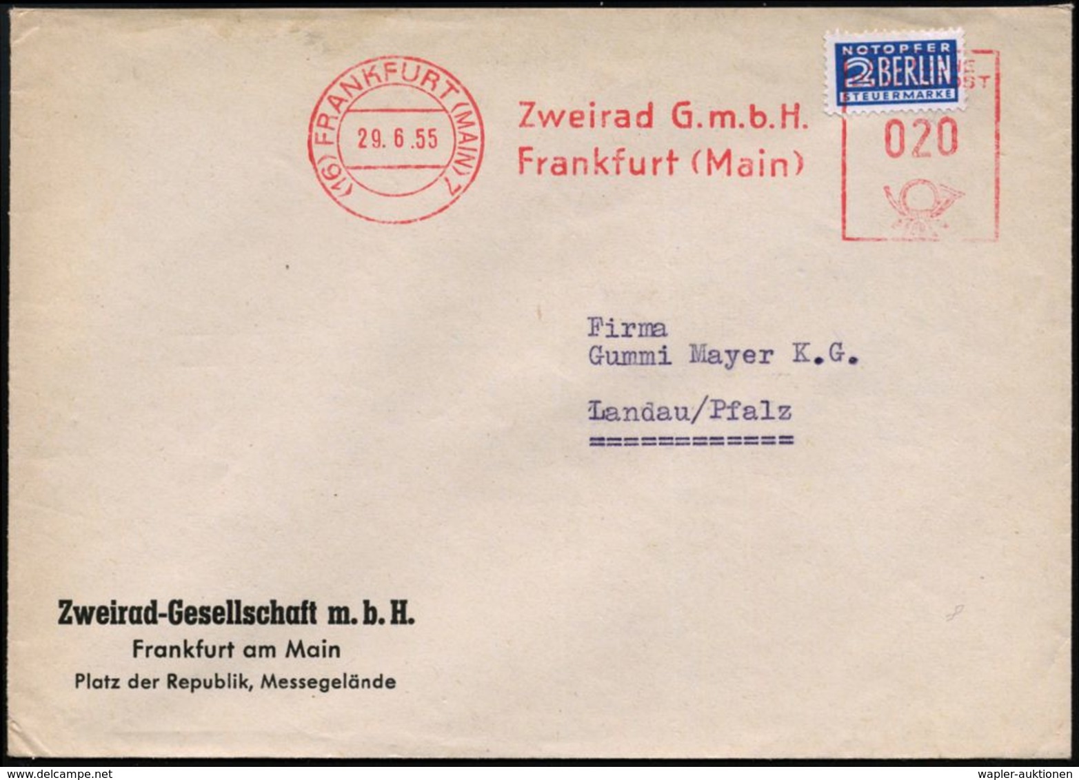 (16) FRANFURT (MAIN)7/ Zweirad GmbH 1955 (29.6.) AFS Auf 2 Pf. NoB (= VE) Firmen-Bf.: Zweirad-Ges.m.b.H... Messegelände  - Autres (Terre)