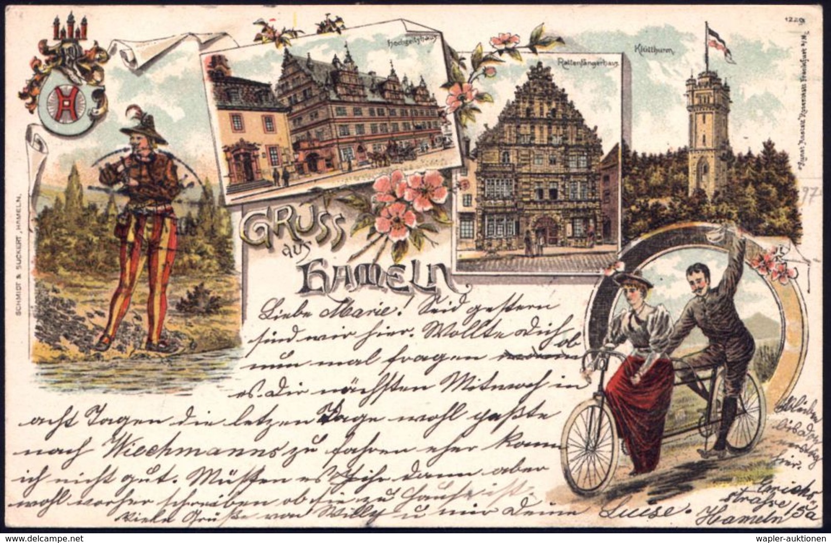 HAMELN/ *1b 1897 (30.7.) 1K-Gitter Auf Color-Litho-Ak.:  "GRUSS Aus HAMELN" = Paar Auf Tandem (3 Ansichten Mit Rattenfän - Autres (Terre)