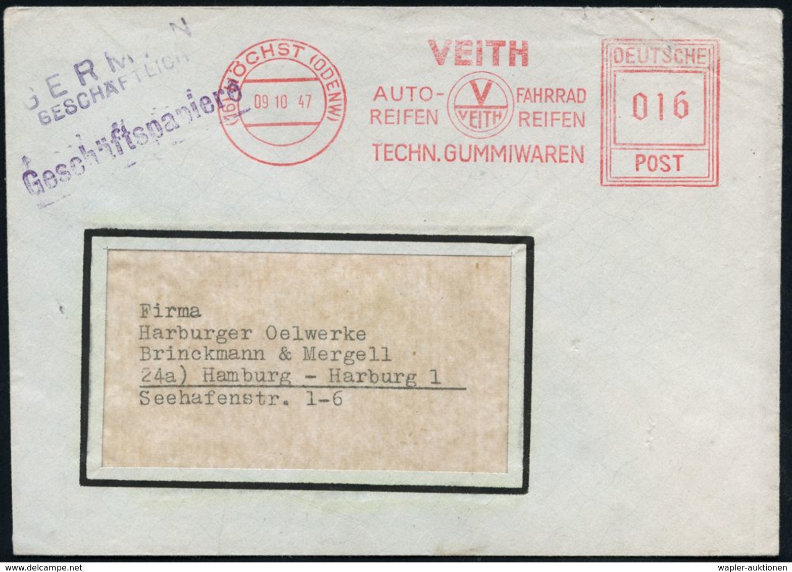 (16) HÖCHST (ODENW)/ VEITH/ AUTO-/ REIFEN/ FAHRRAD/ REIFEN/ TECHN.GUMMIWAREN 1947 (9.10.) Seltener AFS-Typ "Hochrechteck - Autres (Terre)