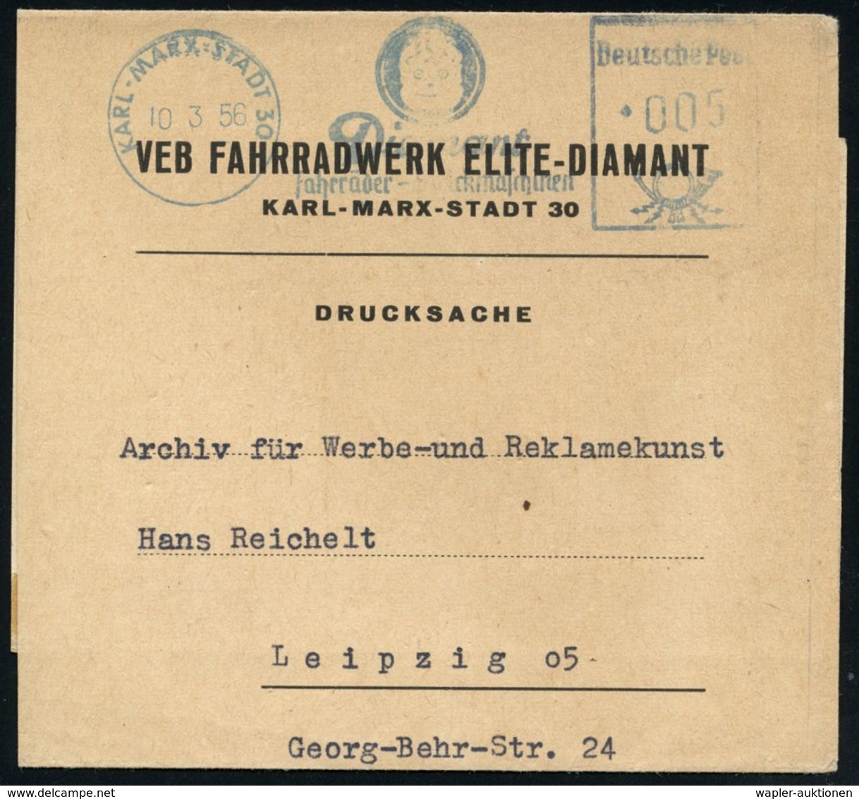 KARL-MARX-STADT 30/ Diamant/ Fahrräder-Strickmaschinen 1956 (10.3.) Blauer AFS = DDR-Dienstfarbe! (Logo: Kinderkopf Mit  - Autres (Terre)