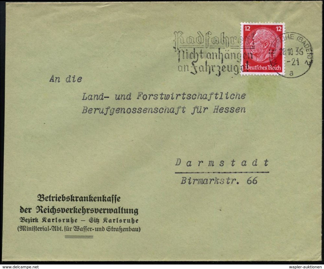 KARLSRUHE (BADEN)2/ A/ Radfahrer!/ Nicht Anhängen/ An Fahrzeuge! 1936 (17.10.) MWSt Klar Auf Firmen-Bf.: Betriebskranken - Sonstige (Land)