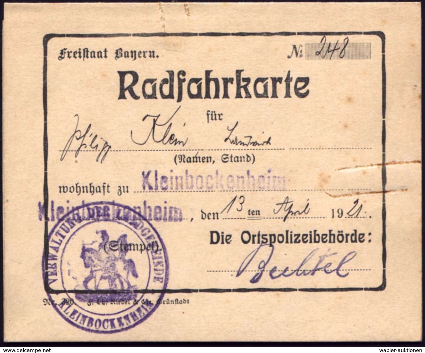 Kleinbockenheim 1921 (13.4.) Radfahrer-Führerschein "Freistaat Bayern Radfahrkarte" (schwacher Rostfleck) Dekorater 2K-D - Autres (Terre)