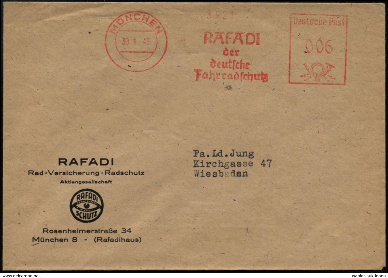 MÜNCHEN/ RAFADI/ D./ Deutsche/ Fahrradschutz 1948 (30.1.) AFS Auf Reklame-Bf.: RAFDI Rad-Versicherung.. (Logo: Auge) Dek - Autres (Terre)