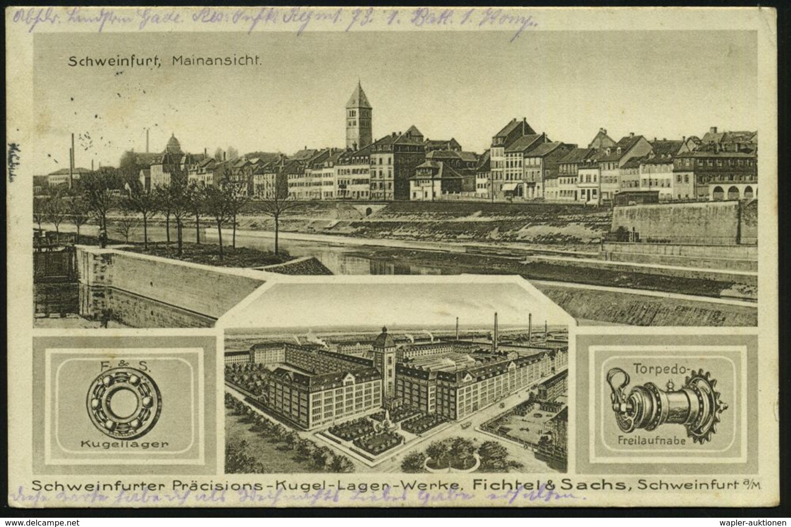 Schweinfurt 1917 (31.1.) Reklame-Ak.: Fichtel & Sachs = Fabrikansicht, Kugellager, Fahrrad-Freilauf (u. Ortsansicht) 1K: - Autres (Terre)