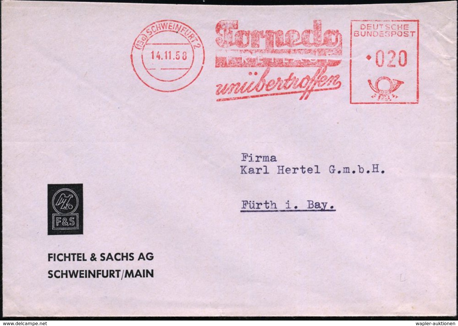 (13a) SCHWEINFURT 2/ Torpedo/ FREILAUF/ Unübertroffen 1958 (14.11.) AFS Klar Auf Firmen-Bf.: FICHTEL & SACHS AG Mit Firm - Autres (Terre)