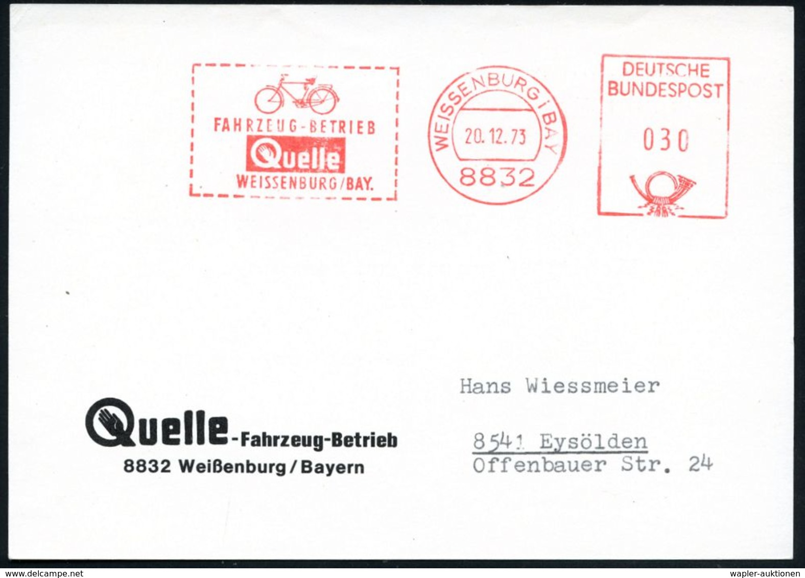 (13a) WEISSENBURG (BAY)/ FAHRZEUG-BETRIEB/ Quelle 1973 (20.12.) Dekorativer AFS = Herren-Fahrrad Auf Firmen-Kt.: Quelkle - Autres (Terre)
