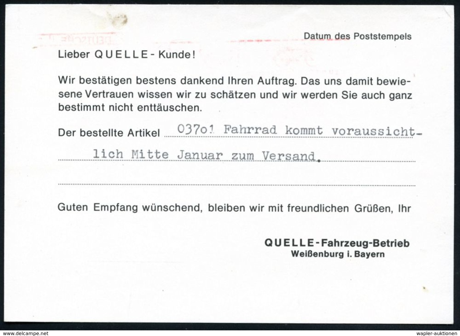 (13a) WEISSENBURG (BAY)/ FAHRZEUG-BETRIEB/ Quelle 1973 (20.12.) Dekorativer AFS = Herren-Fahrrad Auf Firmen-Kt.: Quelkle - Autres (Terre)