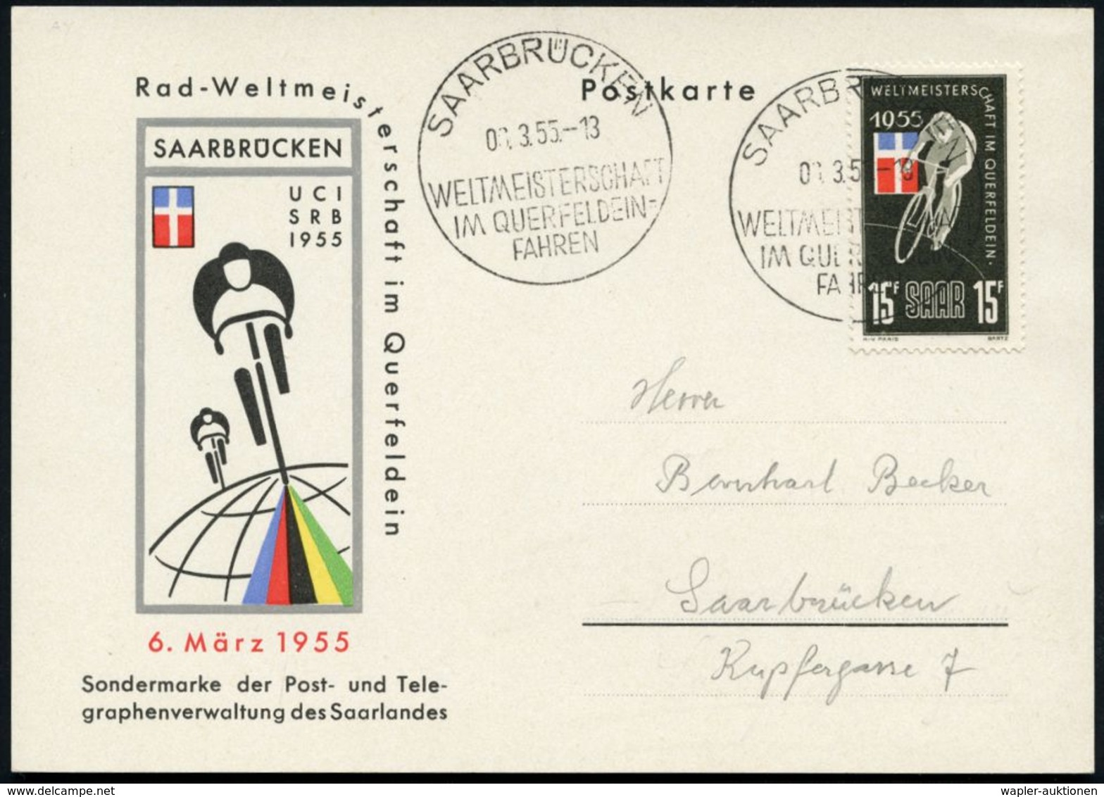 SAARBRÜCKEN/ WELTMEISTERSCHAFT/ IM QUERFELDEIN=/ FAHREN 1955 (6.3.) SSt Auf EF 15 F. Querfeldein-WM , Motivähnl. Sonderk - Autres (Terre)