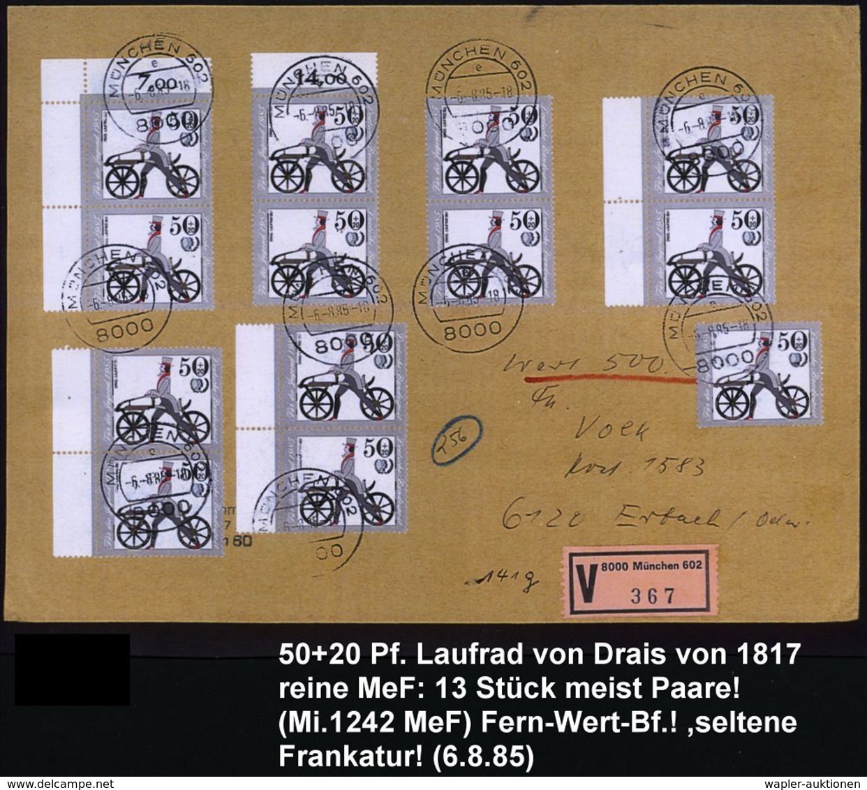 B.R.D. 1985 (6.8.) 50 + 20 Pf. Wofa, Lauf-Rad Von Drais, Reine MeF: 13 Stück, Meist Paare , Alle Sauber Gest. + Rosa V-Z - Autres (Terre)
