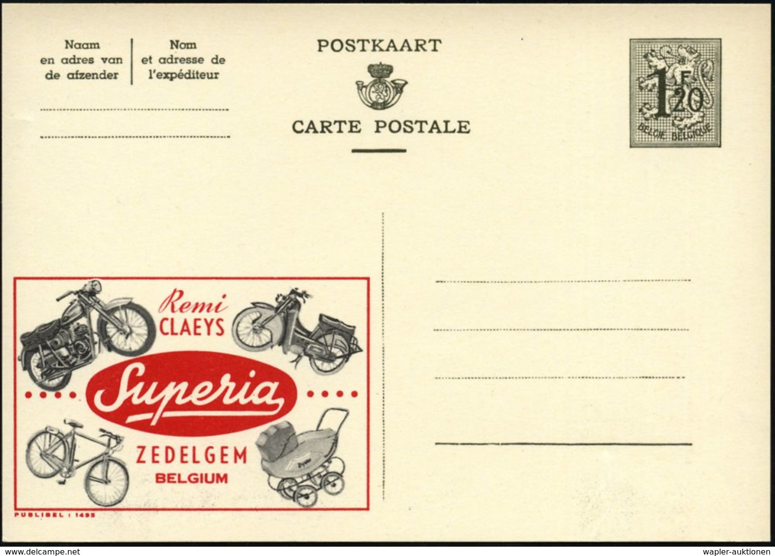 BELGIEN 1954 1,20 F. Reklame-P. Wappenlöwe, Oliv: Remi/ CLAEYS/ Superia = Herren-Fahrrad, Mofa (u. Motorrad, Kinderwagen - Autres (Terre)