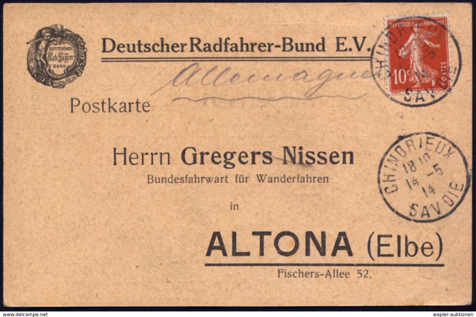 FRANKREICH /  DEUTSCHES REICH 1914 (14.5.) Vordr.-Kt.: Preis-Wanderfahrt Deutscher Radfahrer-Bund Durch Frankreich = For - Otros (Tierra)