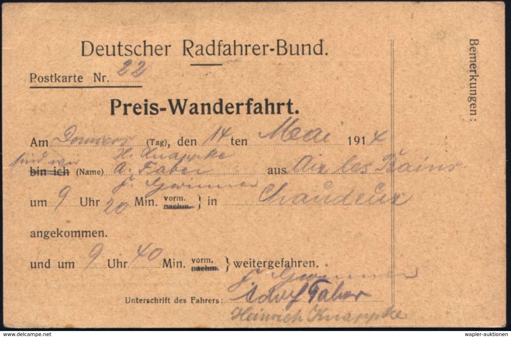 FRANKREICH /  DEUTSCHES REICH 1914 (14.5.) Vordr.-Kt.: Preis-Wanderfahrt Deutscher Radfahrer-Bund Durch Frankreich = For - Autres (Terre)