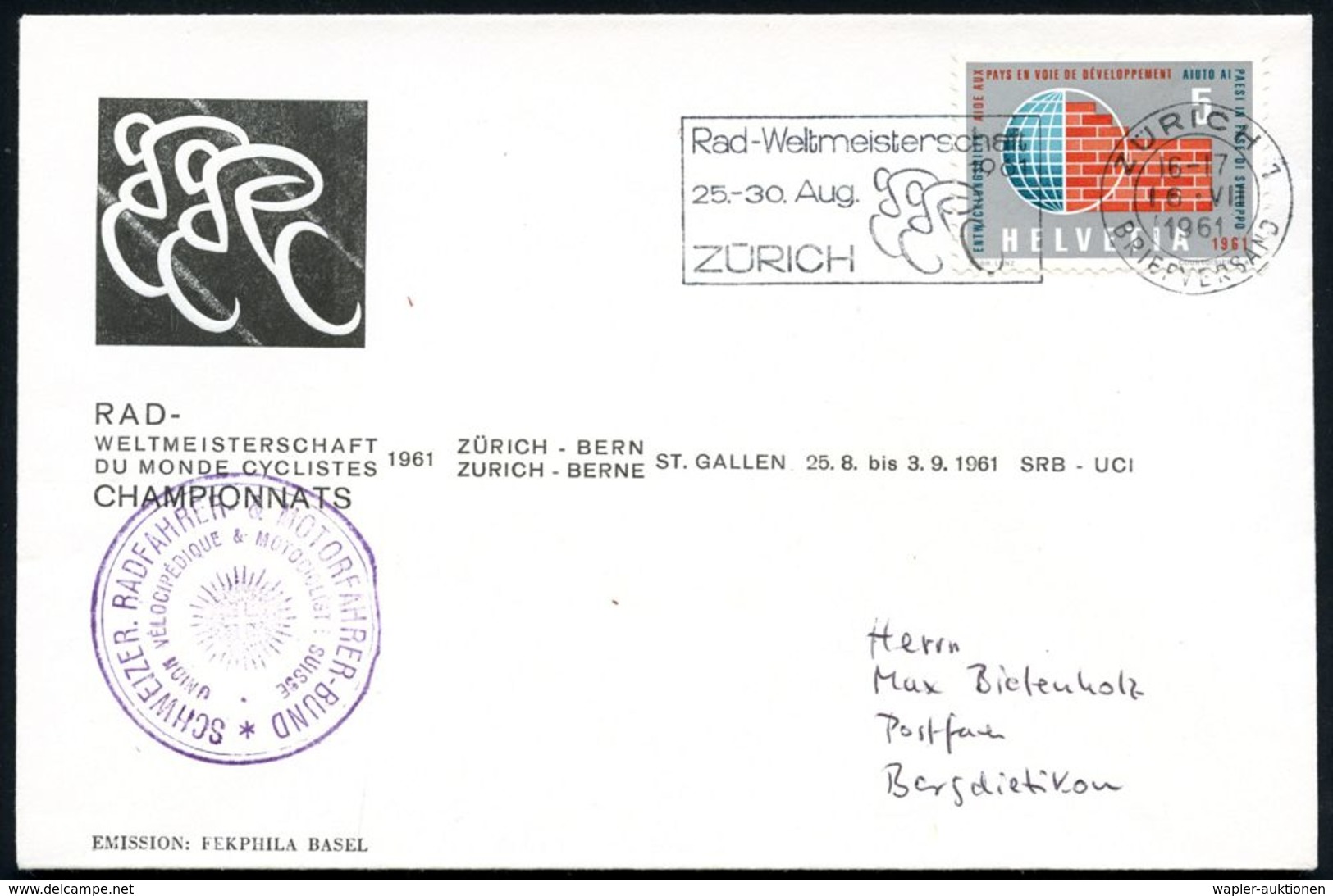 SCHWEIZ 1961 (8.8.) MWSt: BERN 1/Rad-Weltmeisterschaft/2. + 3.Sept./BERN = 2 Rad-Rennfahrer + HdN: SCHWEIZER. RADFAHRER  - Autres (Terre)