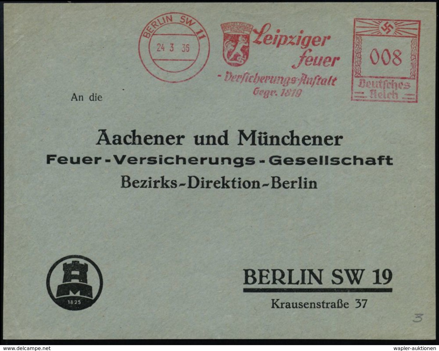 BERLIN SW 11/ Leipziger/ Feuer/ Versicherung-Anstalt/ Gegr.1819 1936 (24.3.) AFS = Mann Kämpft Gegen Flammen-Hydra , Kla - Sapeurs-Pompiers