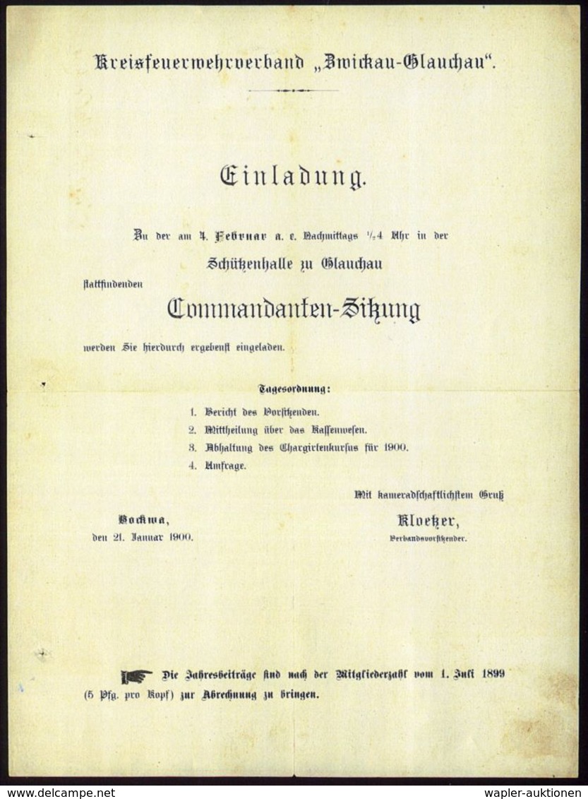 ZWICKAU/ *(SACHSEN)1/ B 1899 (22.1.) 1K-Gitter Auf Faltbf.: "An Das Commando..Freiw. Feuerwehr.." (Rand Akten-spuren) Ei - Sapeurs-Pompiers