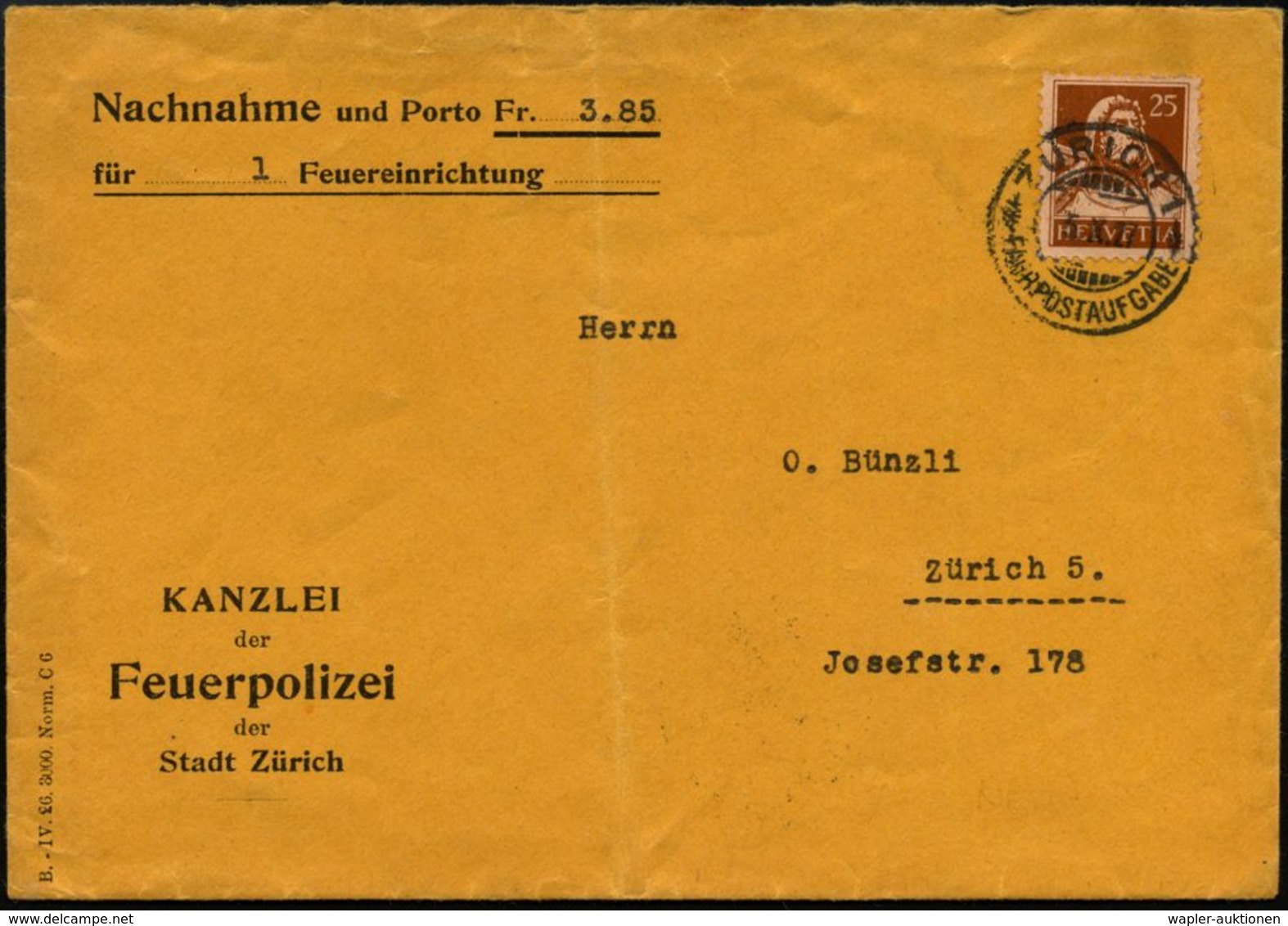 SCHWEIZ 1927 (5.10.) NN-Dienst-Bf.: KANZLEI Der Feuerpolizei Der Stadt Zürich , EF Tell 25C. (Bf. Schwache Mittelfalte), - Sapeurs-Pompiers