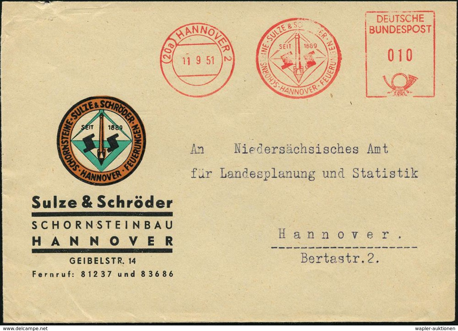(20a) HANNOVER 2/ SCHORNSTEINE SULZE & SCHRÖDER/ FEUERUNGEN.. 1951 (11.9.) Dekorativer AFS (Logo Mit Fabrikschlot) Auf M - Sapeurs-Pompiers