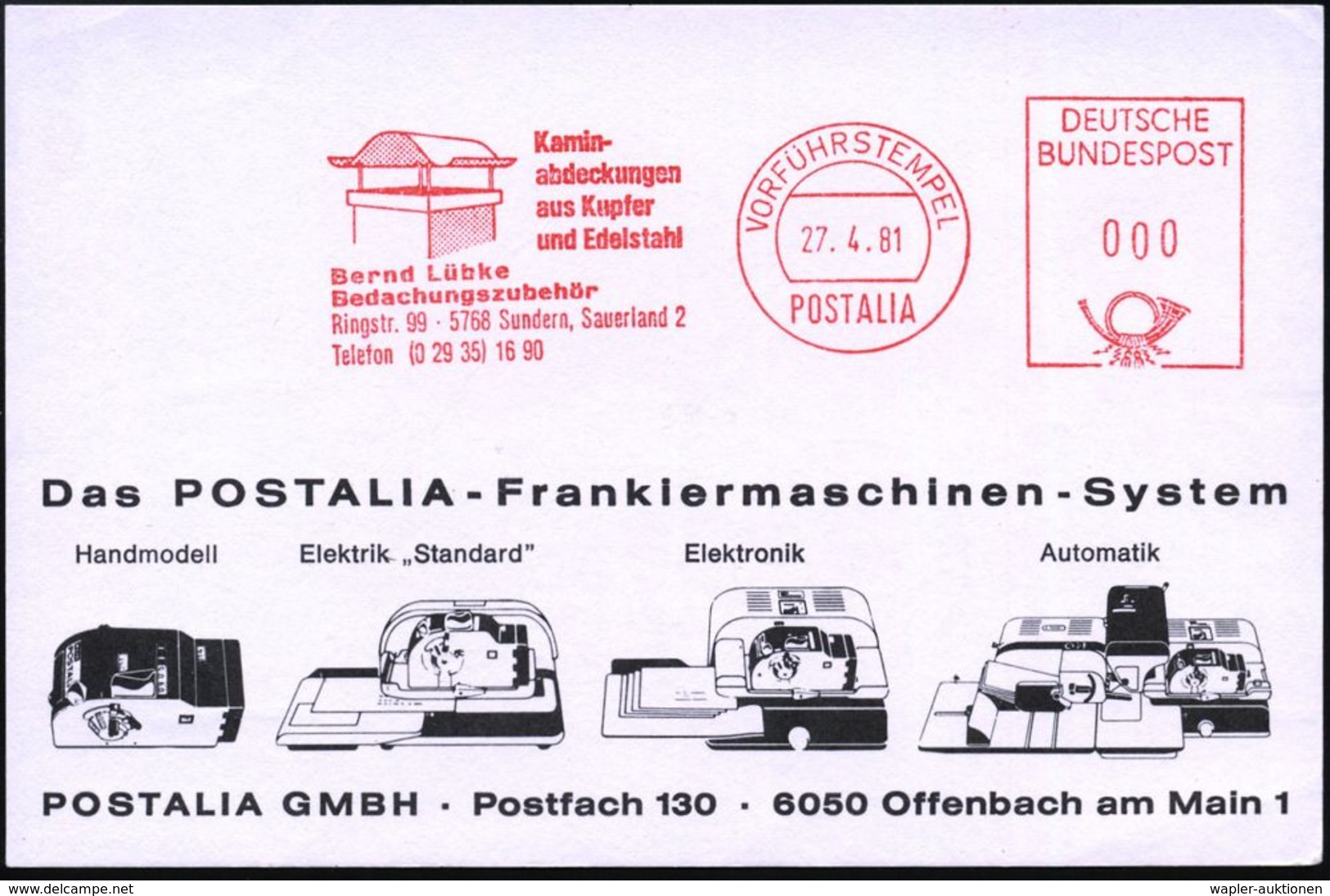 5768 Sundern 1981 (27.4.) AFS: VORFÜHRSTEMPEL/POSTALIA/Kamin-/abdeckungen../B.Lübke (Kamindach) Seltene Postalia-Musterk - Sapeurs-Pompiers