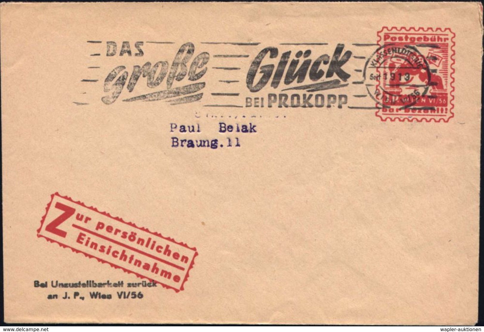 ÖSTERREICH 1950 (ca.) Buchdruck-MsDrs. "Postgebühr/bar Bezahlt!/WIEN/DAS/große/Glück/BEI PROKOPP" (2 Sich Um-armende Kam - Bombero