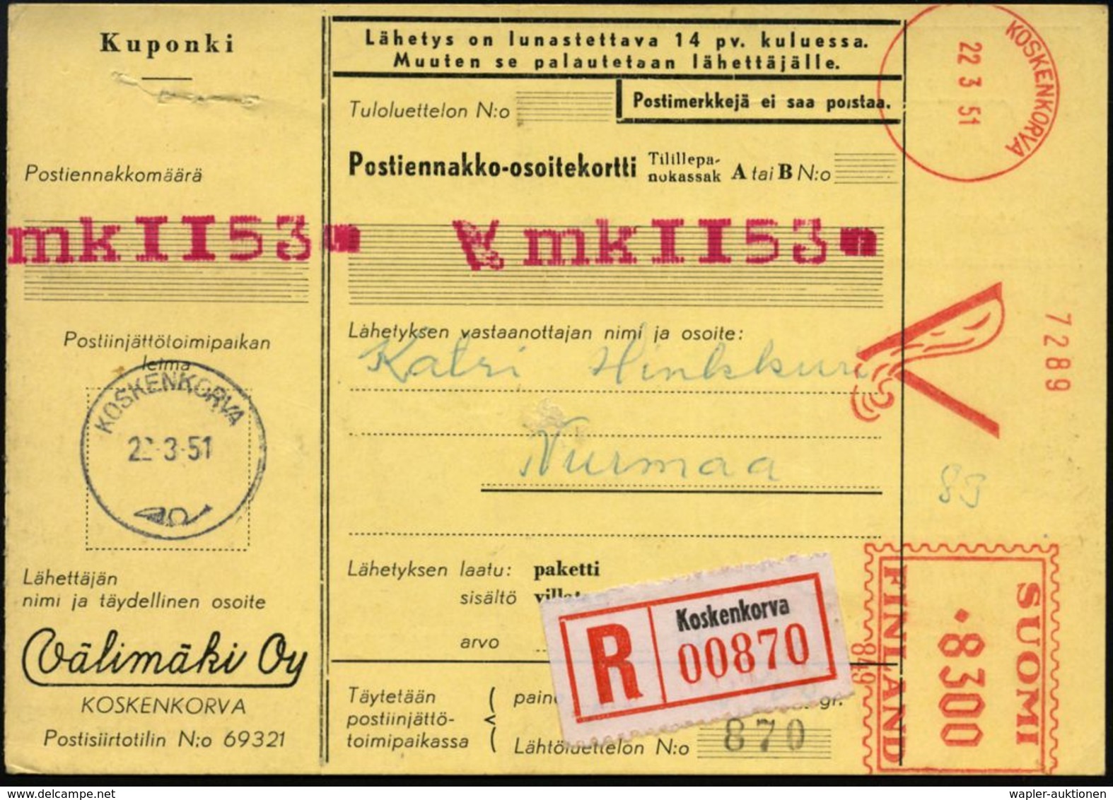 FINNLAND 1951 (22.3.) AFS: KOSKENKORVA/V/849 = Entflammtes Zündholz (= Välimäki Oy) Seltene Inl.- R-NN-Paketkarte!  - Po - Sapeurs-Pompiers