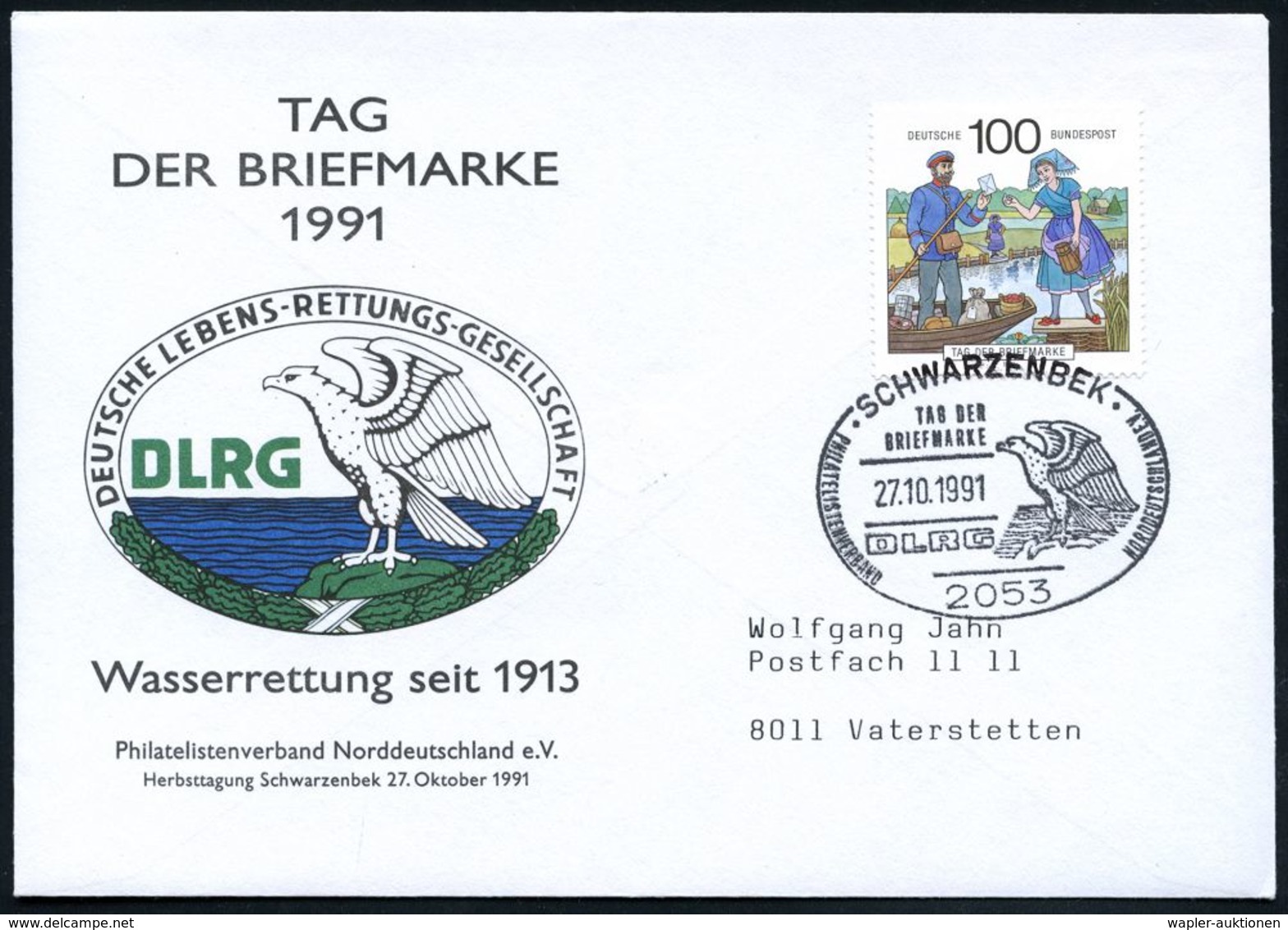 2053 SCHWARZENBEK/ TAG DER/ BRIEFMARKE/ DLRG 1991 (27.10.) SSt = Seeadler (Logo Der DLRG) Motivgl. SU: DLRG Wasserrettun - Feuerwehr