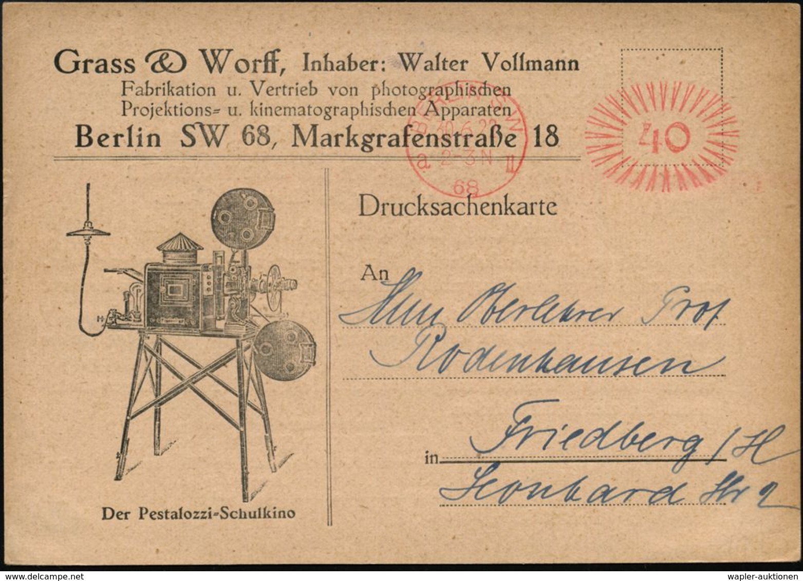 BERLIN SW/ A 68 II 1922 (30.6.) PFS Ziermuster 40 Pf. Auf Reklamekarte: Grass & Worff.. Projektions- U. Kimematograph. A - Cinéma