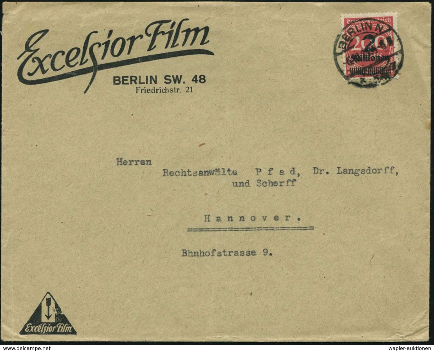 BERLIN N/ 54 1923 (6.10.) 1K-Brücke Auf EF 2 Mio./200 Mk., Firmen-Bf.: Excelsior Film Berlin SW.48 (Firmen-Logo) Hochinf - Kino