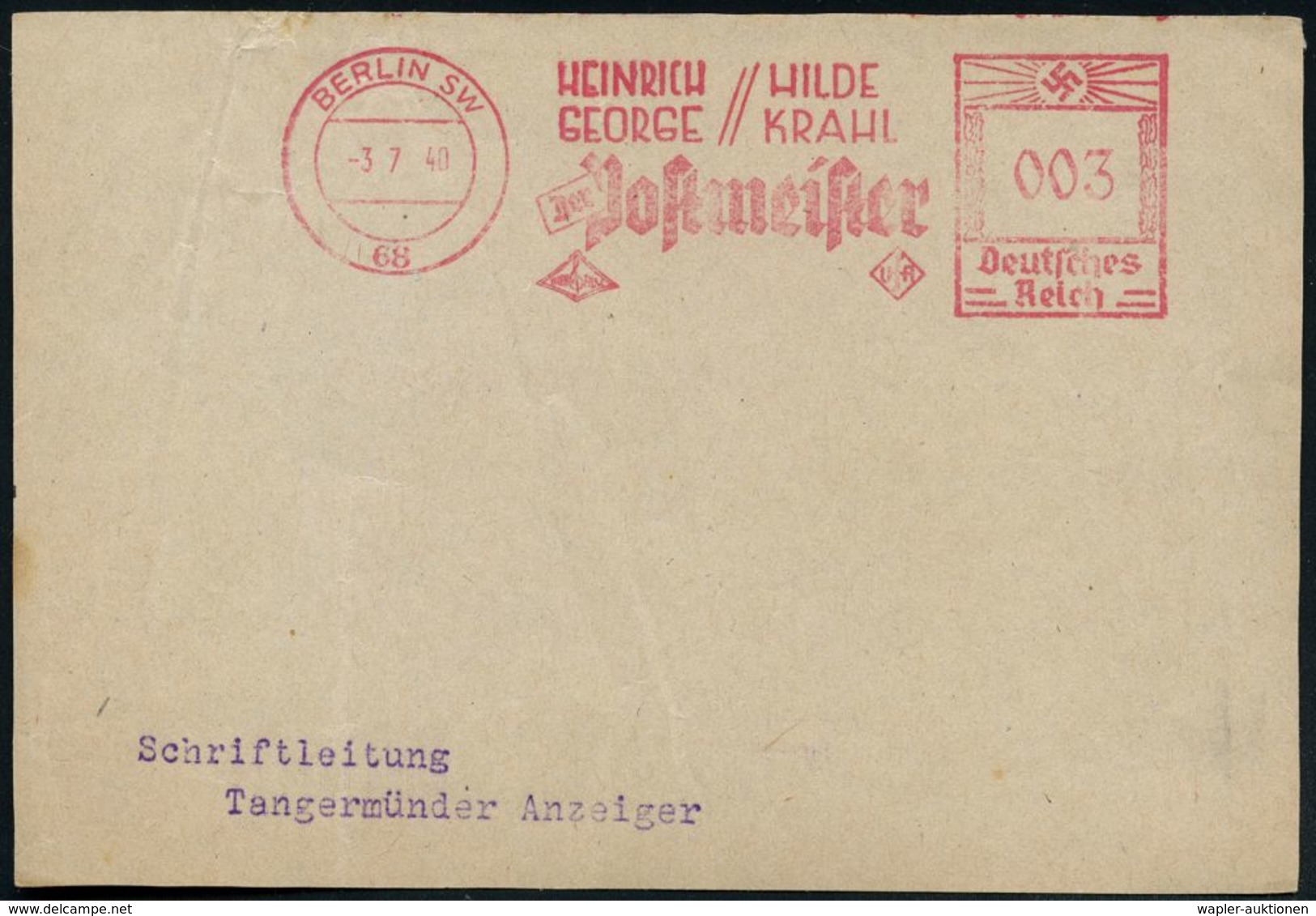 BERLIN SW/ 68/ HEINRICH GEORGE/ HILDE KRAHL/ Der Postmeister/ UfA 1940 (3.7.) Seltener AFS, Regie Gustav Ucicky  = Liter - Cinéma