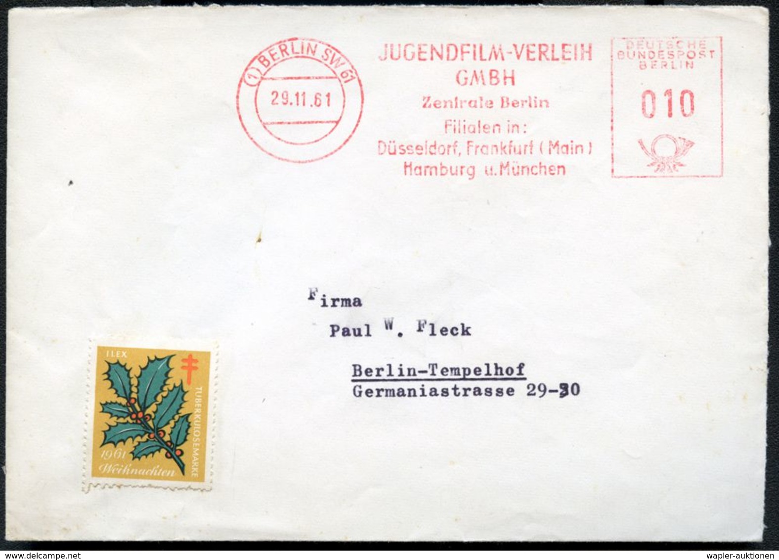 (1) BERLIN SW 61/ JUGENDFILM-VERLEIH/ GMBH/ Zentrale Berlin.. 1961 (29.11.) AFS + Tbc-Spendenmarke Auf Orts-Bf. (Dü.E-23 - Cinema