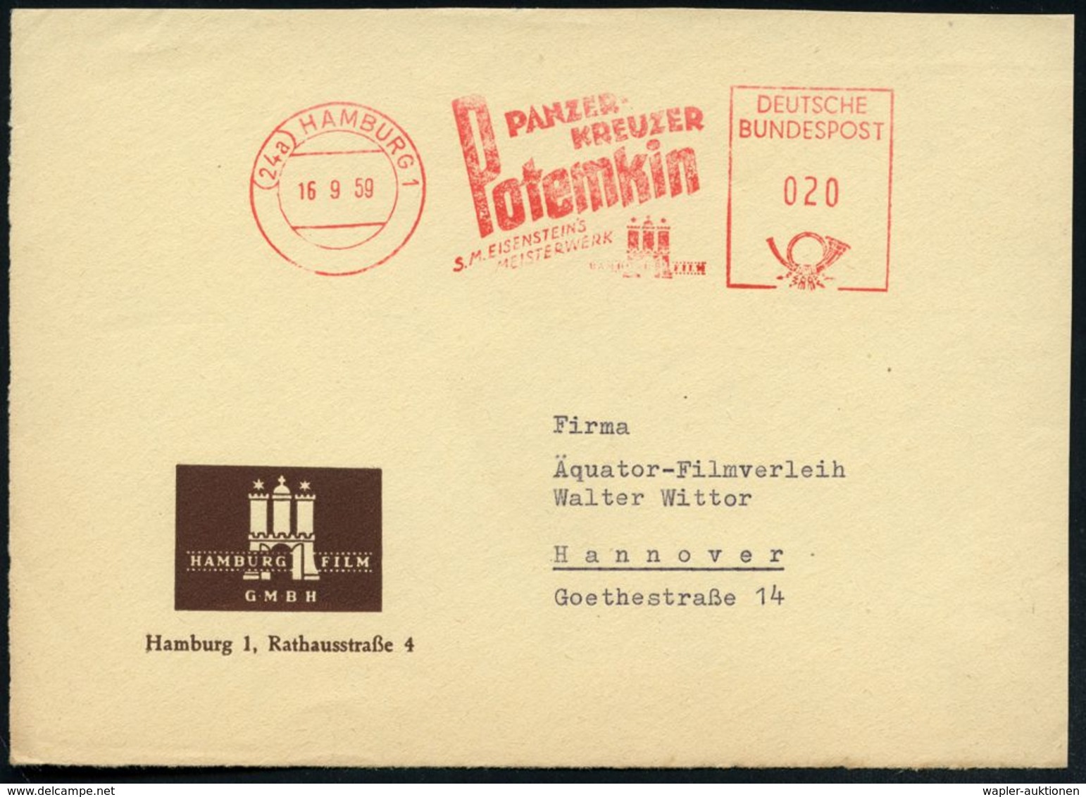 (24a) HAMBURG 1/ PANZERKREUZER/ Potemkin/ S.M.EISENSTEIN'S/ MEISTERWERK.. 1959 (16.9.) Seltener AFS, Berühmter Klassiker - Cinéma