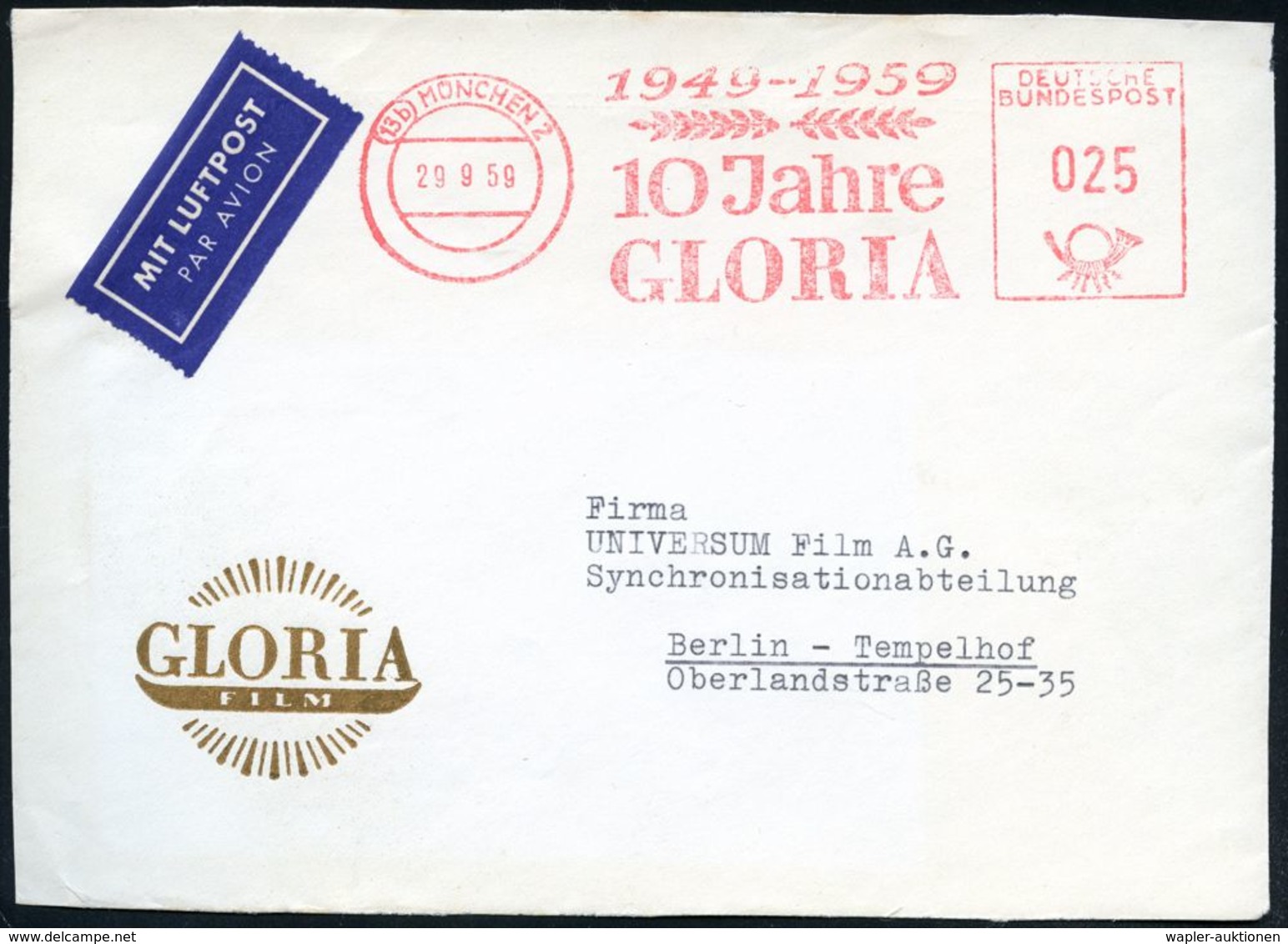 (13b) MÜNCHEN 2/ 1949-1959/ 10 Jahre/ GLORIA 1959 (29.9.) Seltener Jubil.-AFS 025 Pf. (Lorbeer) Bedarfs-Vorderseite: GLO - Cinéma