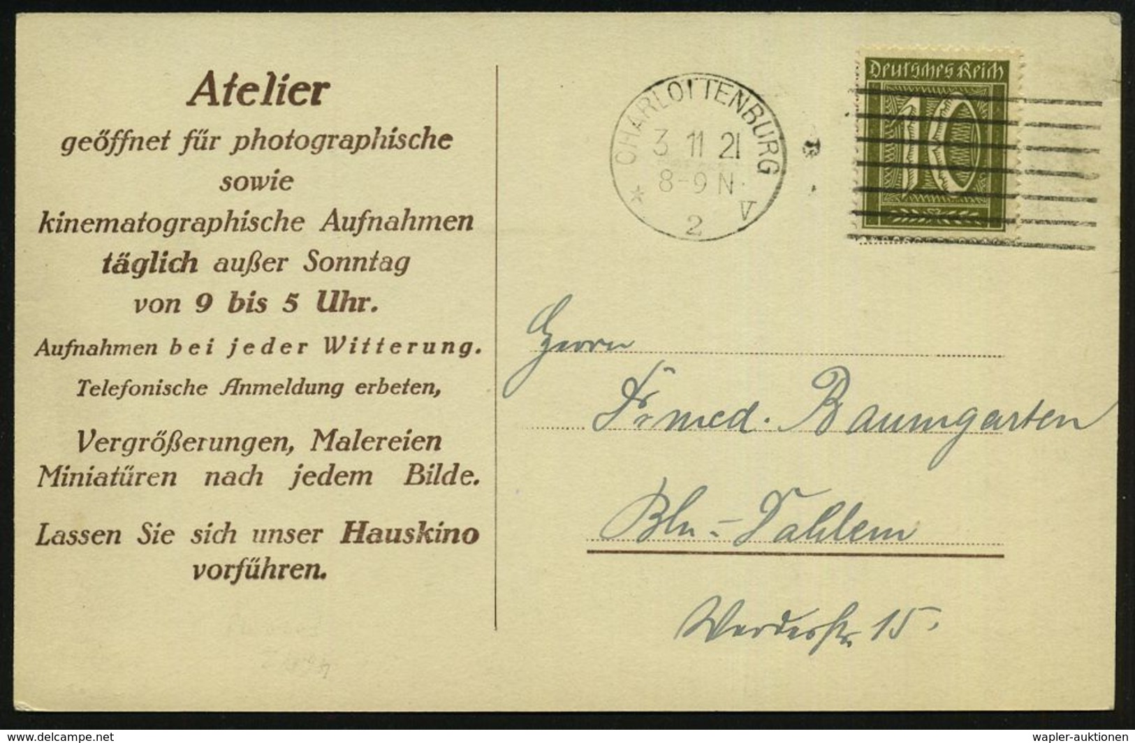 Berlin 1921 (3.11.) MaStrichSt: CHARLOTTENBURG/*2v Auf Reklame-Foto-Ak: Foto-Atelier Binder (= Spezialist Für Damen-Port - Photographie