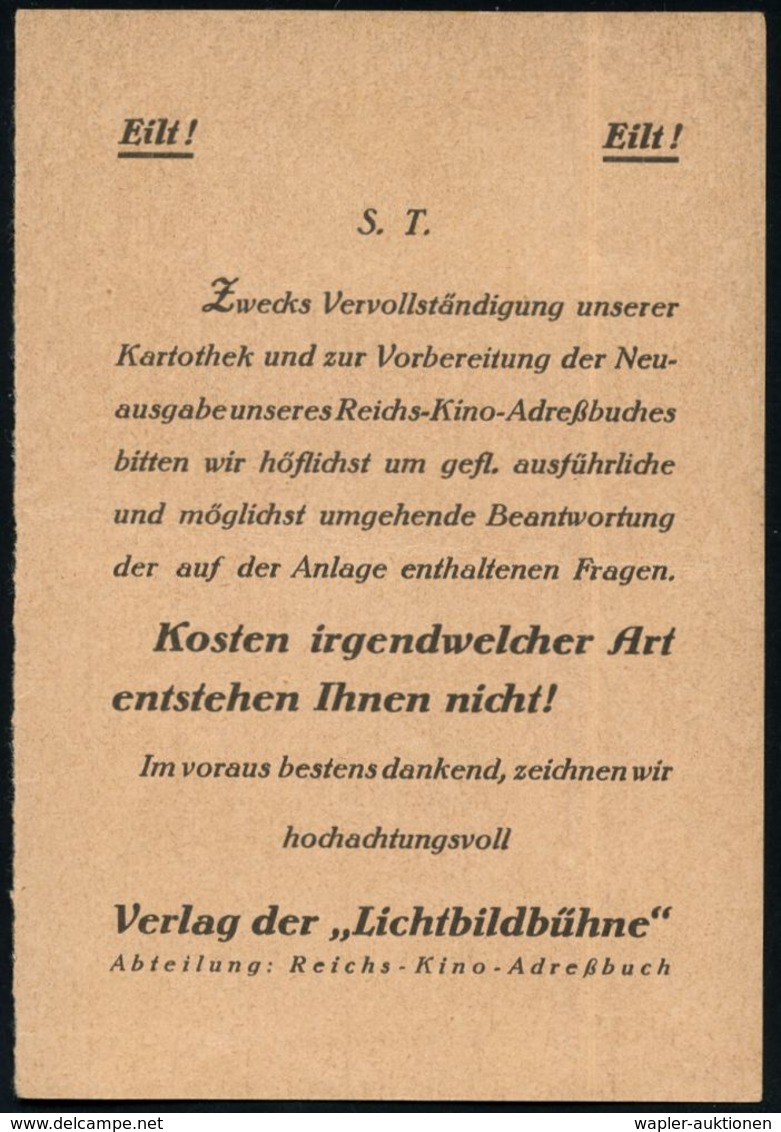 BERLIN SW/ 68/ Licht Bild Bühne 1933 (4.10.) AFS Auf Fragekarte Betr. Reichs-Kino-Adreßbuch (Antwortkarte Fehlt) Ortskar - Photographie