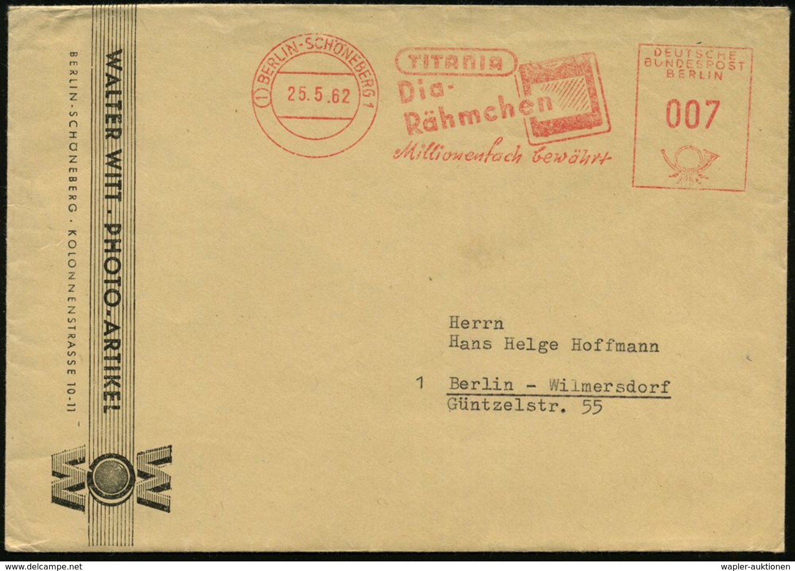 (1) BERLIN-SCHÖNEBERG 1/ TITANIA/ Dia-/ Rähmchen/ Millionenfach Bewährt 1962 (25.5.) AFS = Dia-Rahmen , Dekorativer Firm - Fotografía